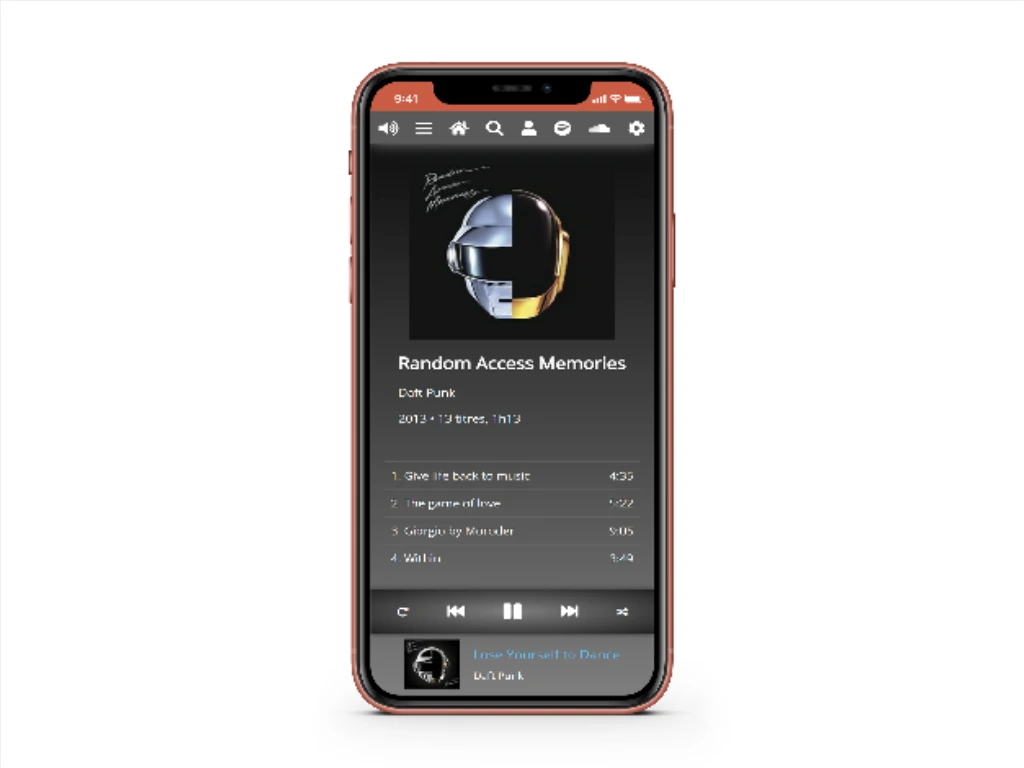 Maquette d'application mobile de musique, écran lecteur avec pochette d'album