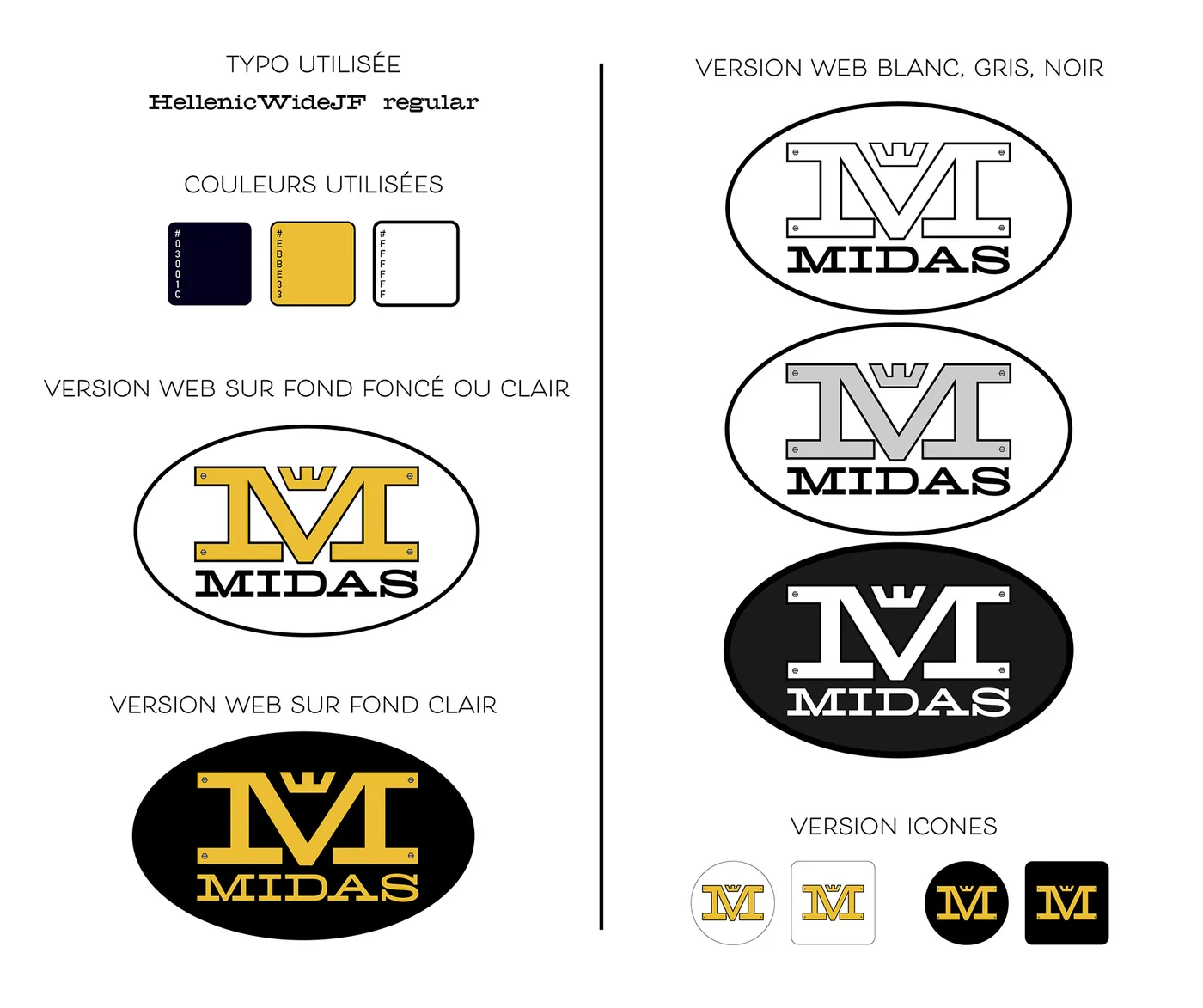 Charte graphique du logo Midas avec ses déclinaisons de couleurs