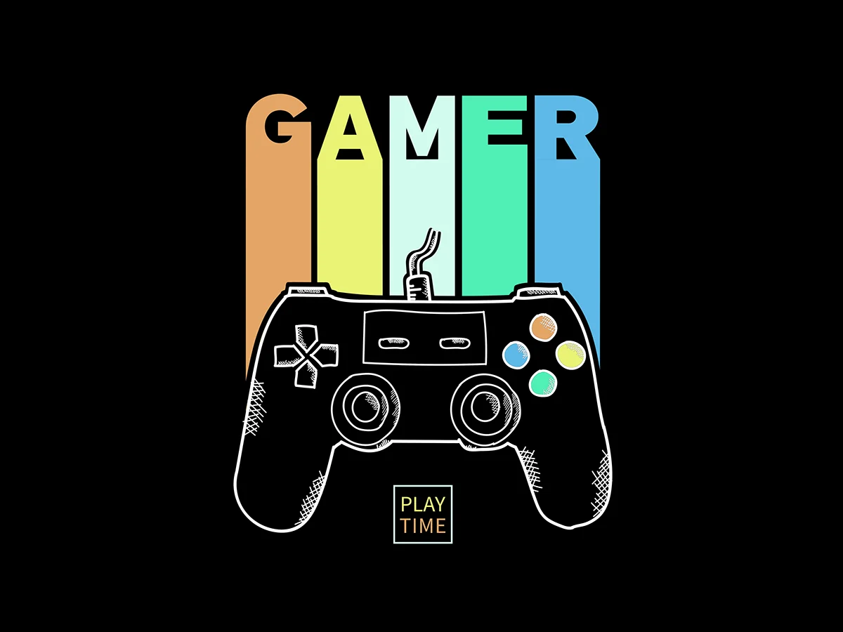 Visuel typographique GAMER à plat, lettrage bicolore et illustration de manette de jeu